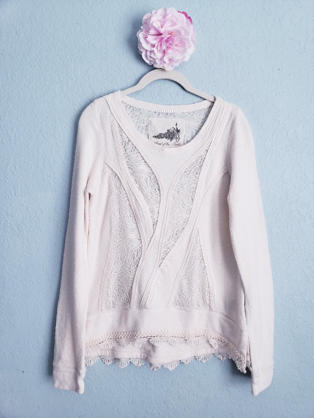 Anthropologie Angel of the North Cream Knit Lace-Trim Wrap Sweater